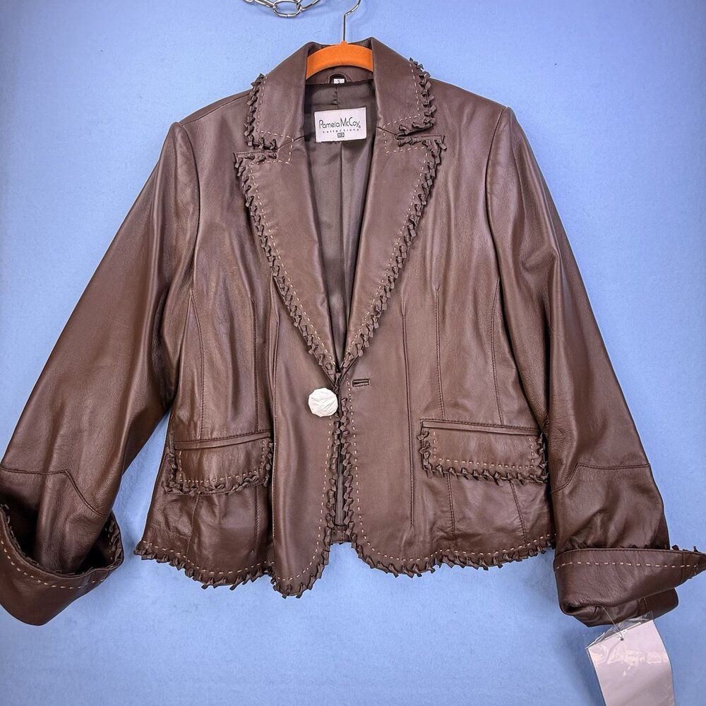 Pamela McCoy Leather Blazer Jacket Womens Brown Whipstitch Buttoned Lined S 1164